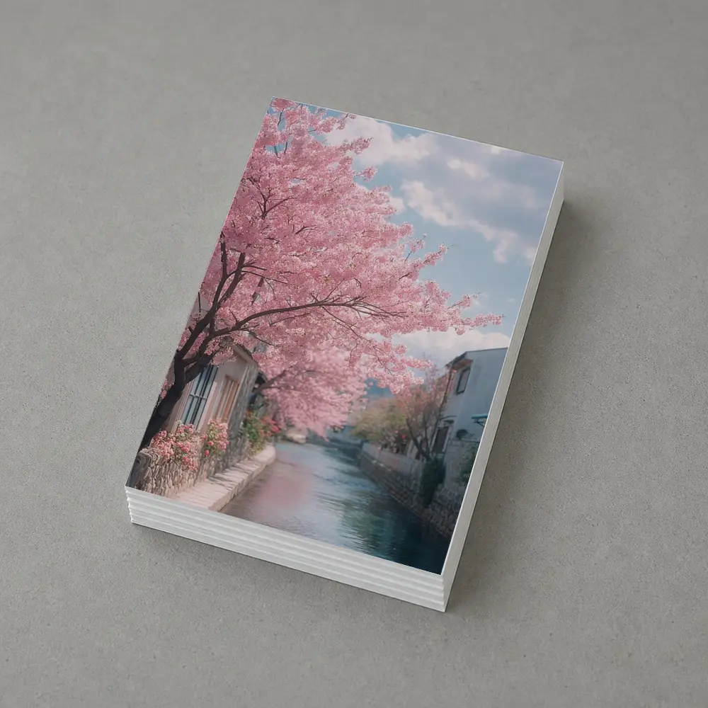 Cherry Blossoms Along Peaceful Japanese Canal – Postcards
