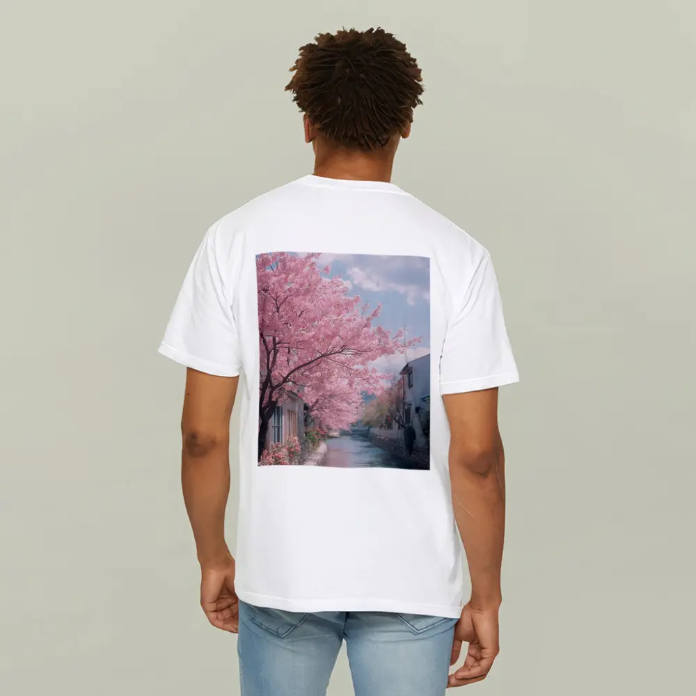 Cherry Blossoms Along Peaceful Japanese Canal – T-Shirts