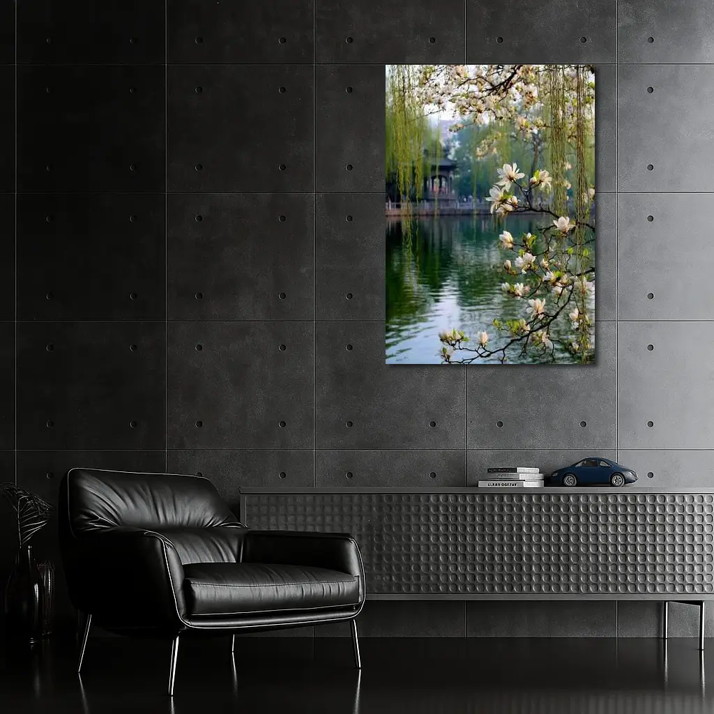 Magnolia Blossoms Over Calm Green Lake – Wall Art