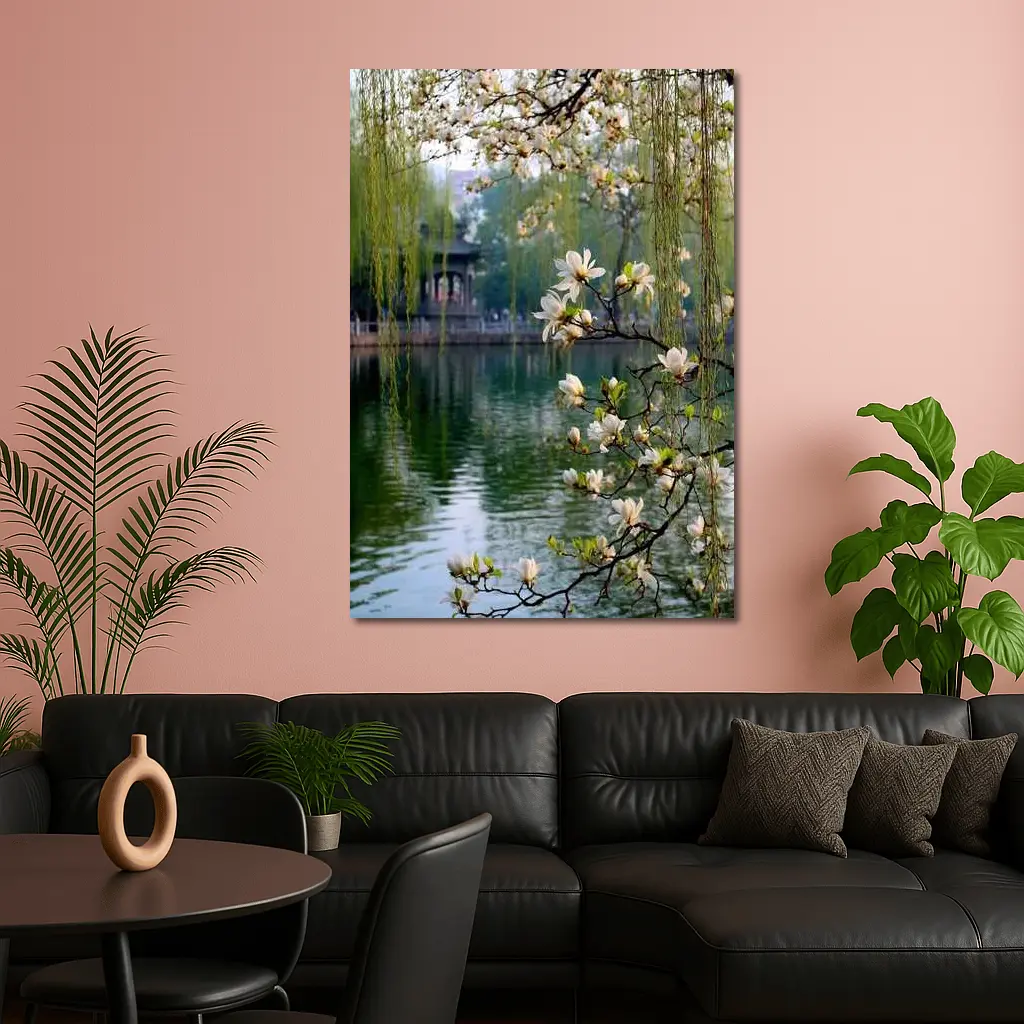Magnolia Blossoms Over Calm Green Lake – Wall Art