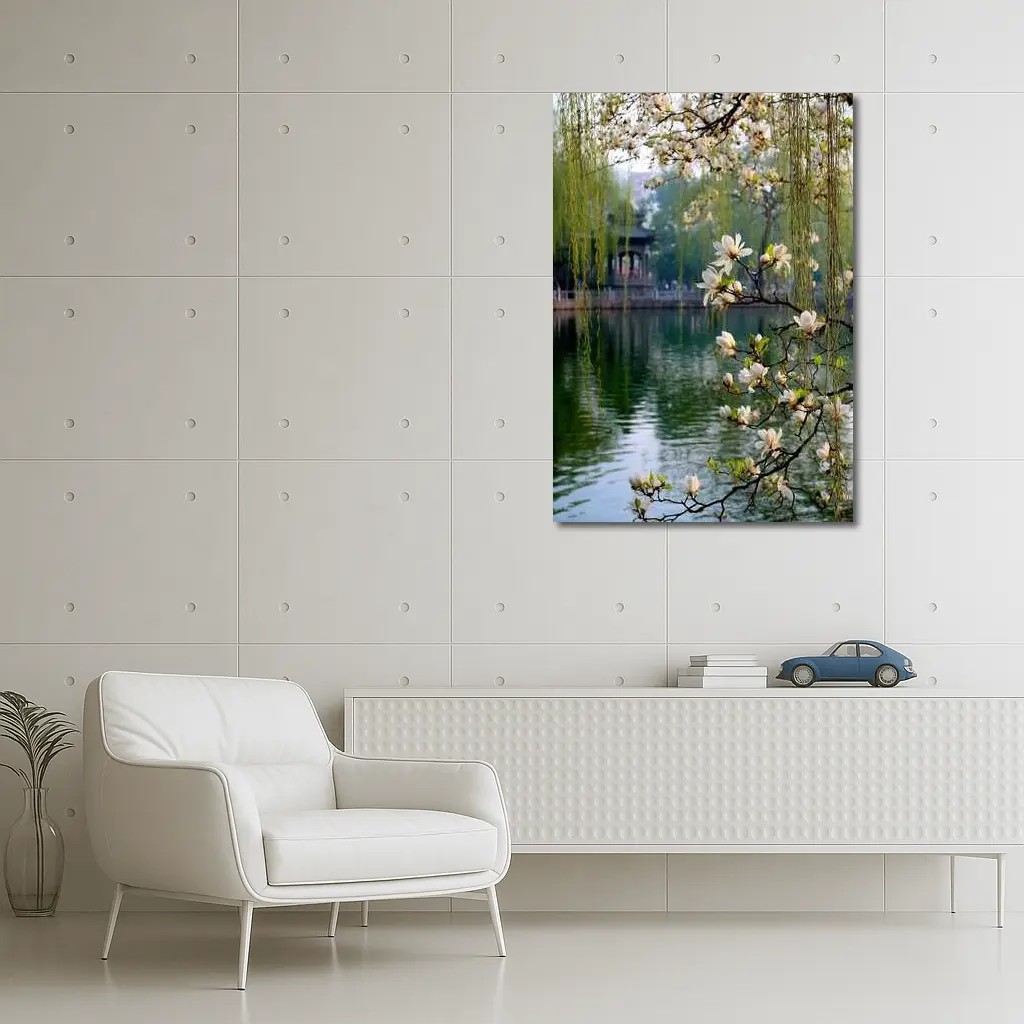 Magnolia Blossoms Over Calm Green Lake – Wall Art