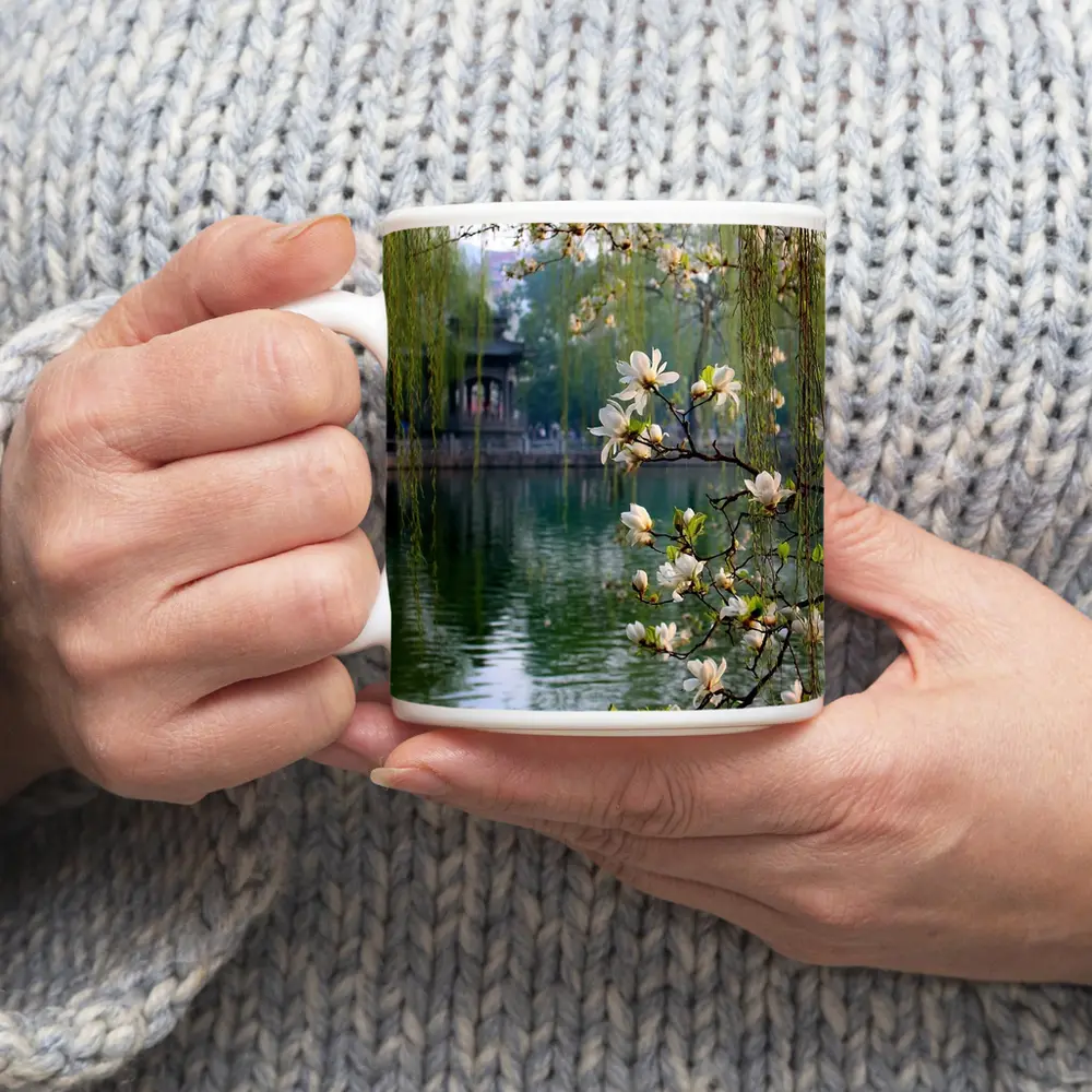 Magnolia Blossoms Over Calm Green Lake – Mugs