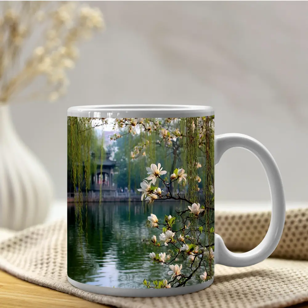 Magnolia Blossoms Over Calm Green Lake – Mugs