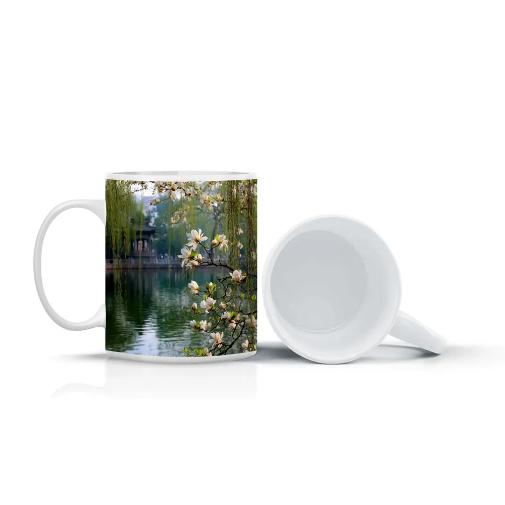 Magnolia Blossoms Over Calm Green Lake – Mugs
