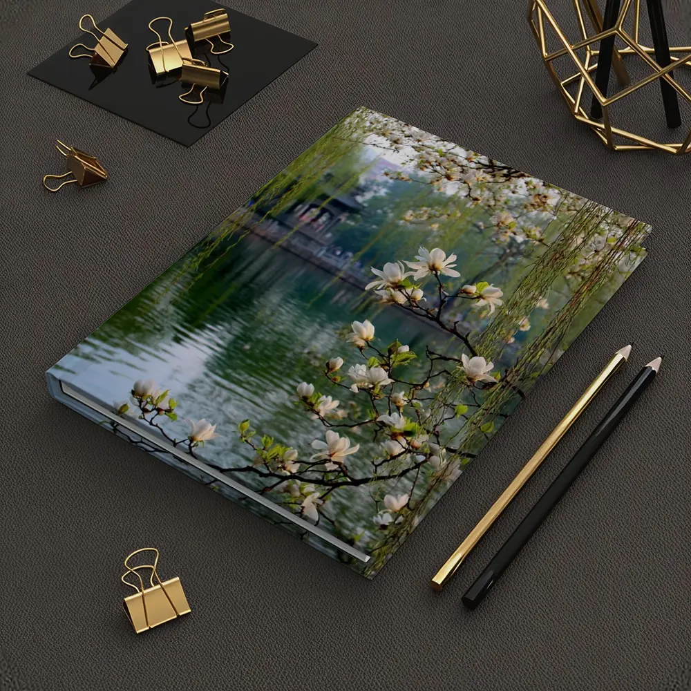 Magnolia Blossoms Over Calm Green Lake – Notebooks