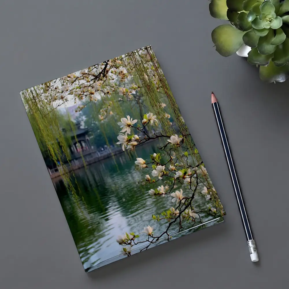 Magnolia Blossoms Over Calm Green Lake – Notebooks
