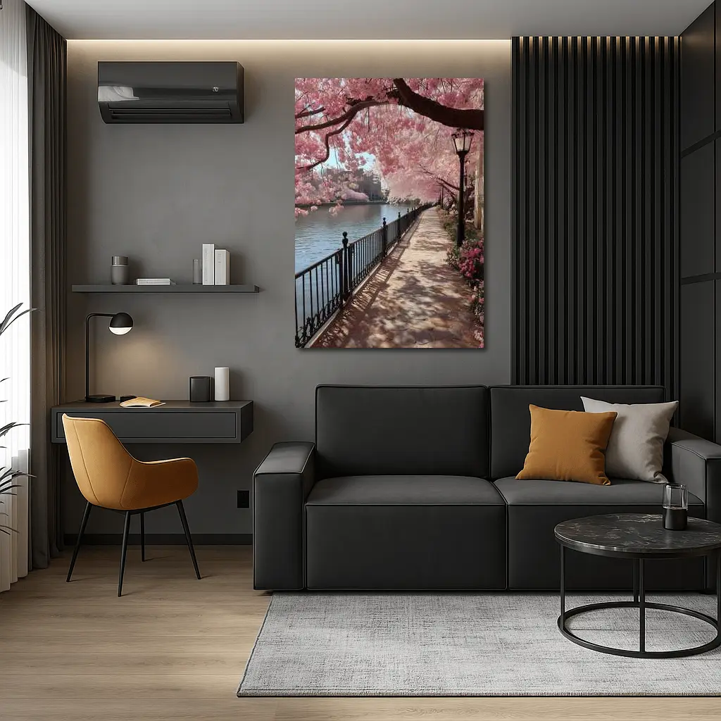 Cherry Blossom Waterfront Walkway Spring Scene – Wall Art