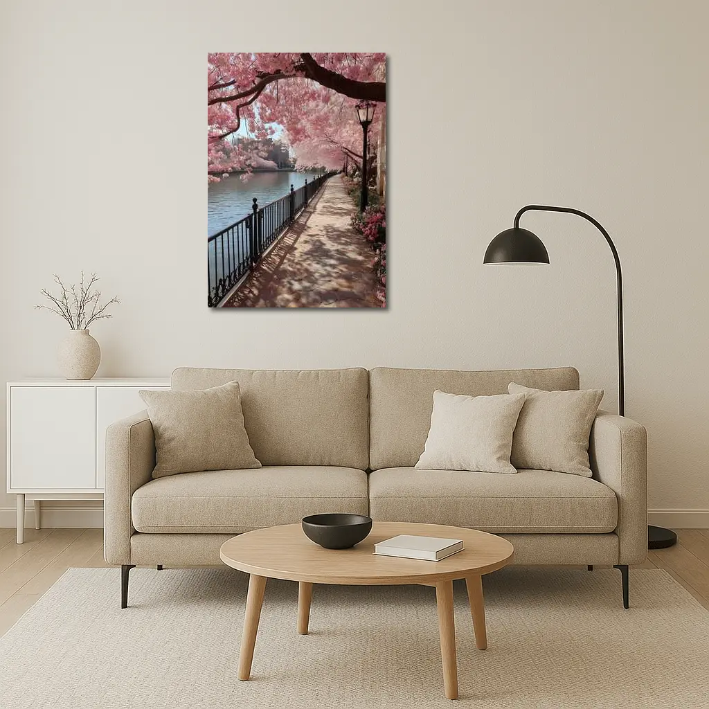 Cherry Blossom Waterfront Walkway Spring Scene – Wall Art