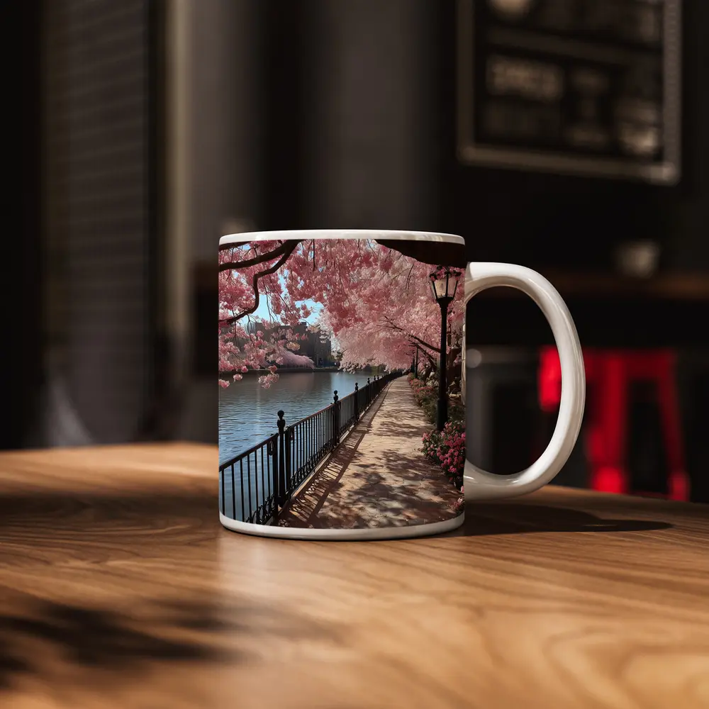 Cherry Blossom Waterfront Walkway Spring Scene – Mugs