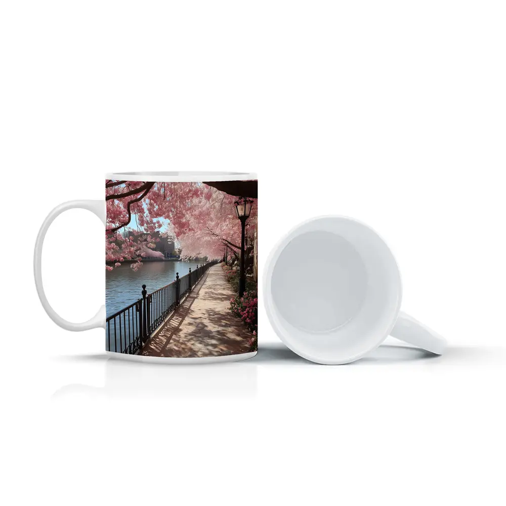 Cherry Blossom Waterfront Walkway Spring Scene – Mugs