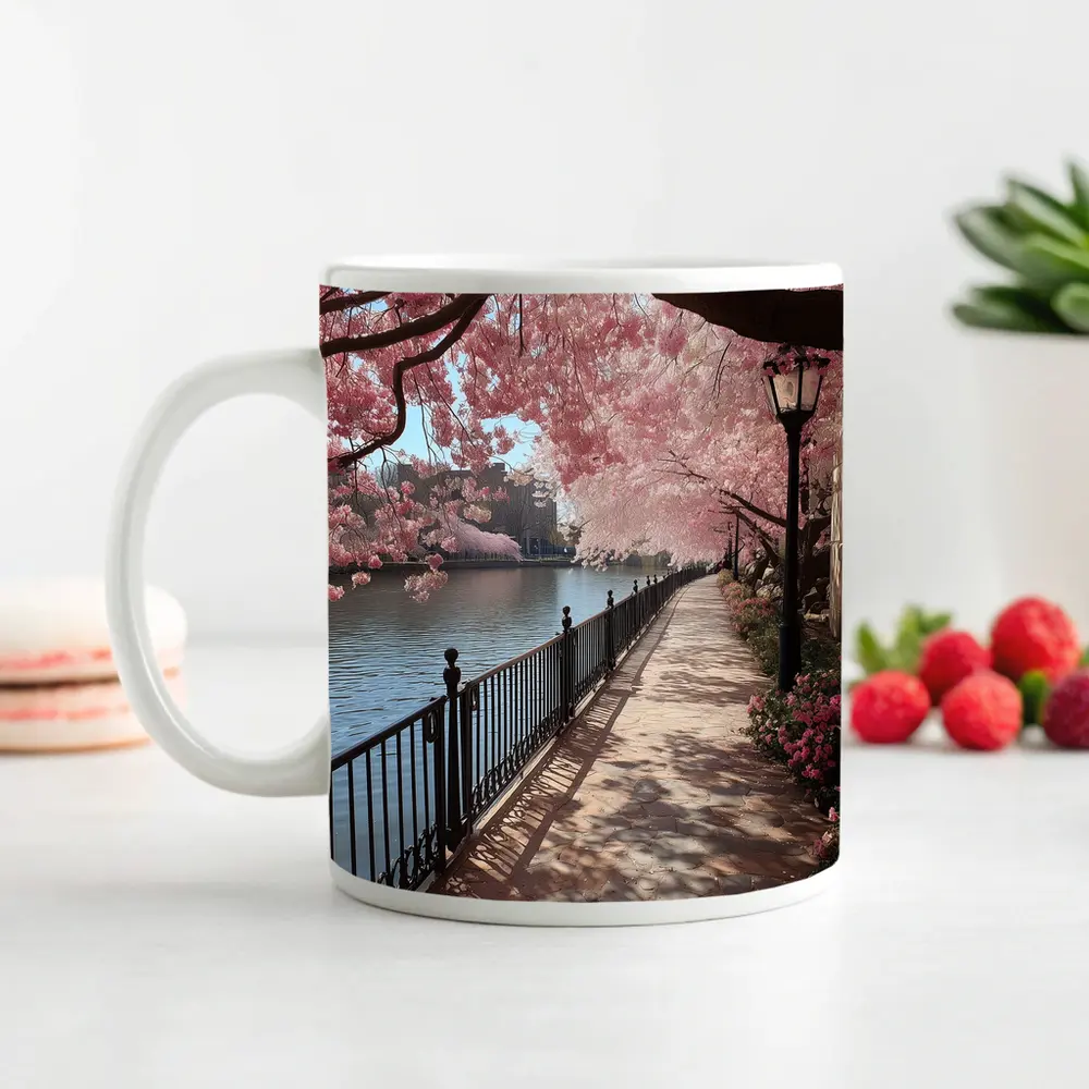 Cherry Blossom Waterfront Walkway Spring Scene – Mugs