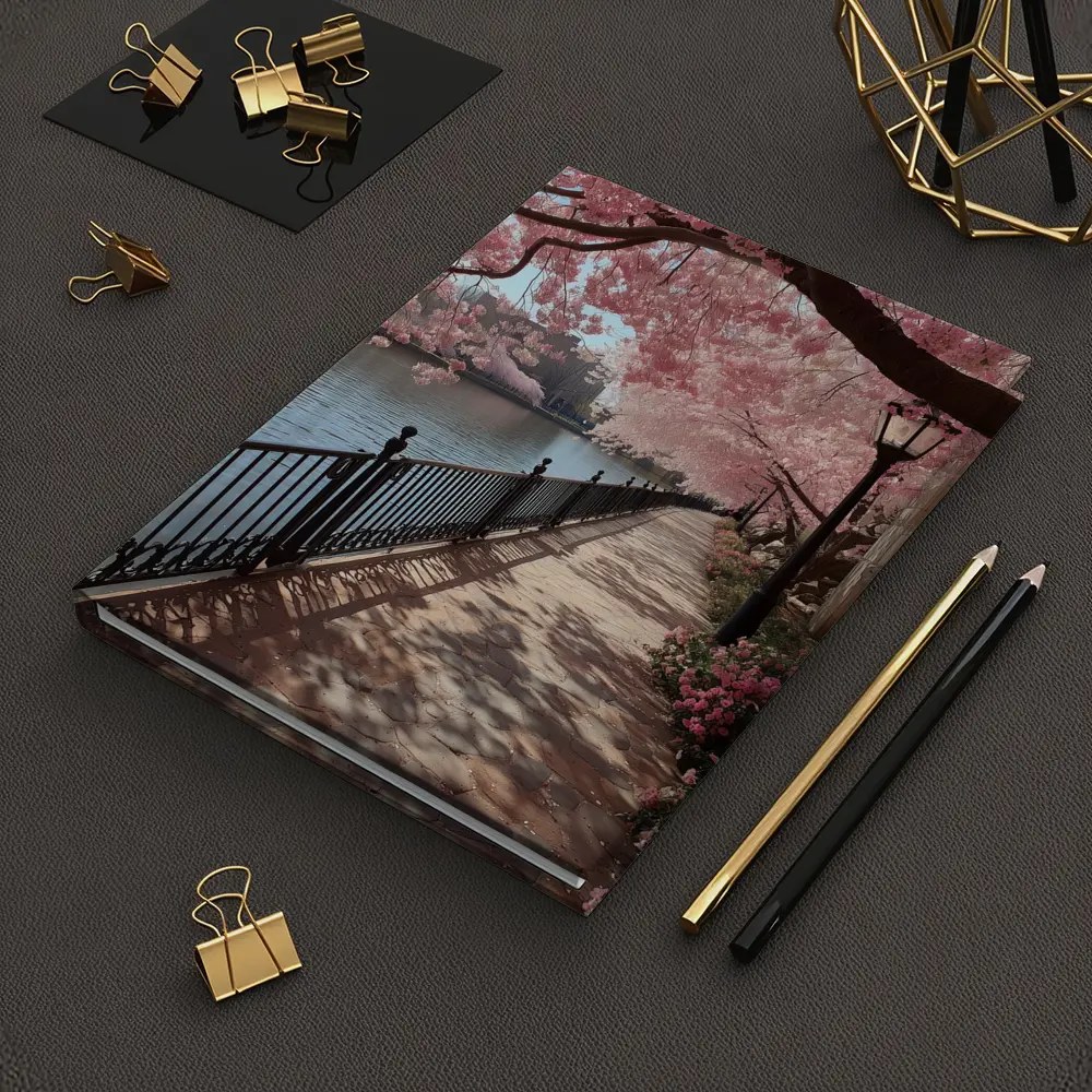 Cherry Blossom Waterfront Walkway Spring Scene – Notebooks