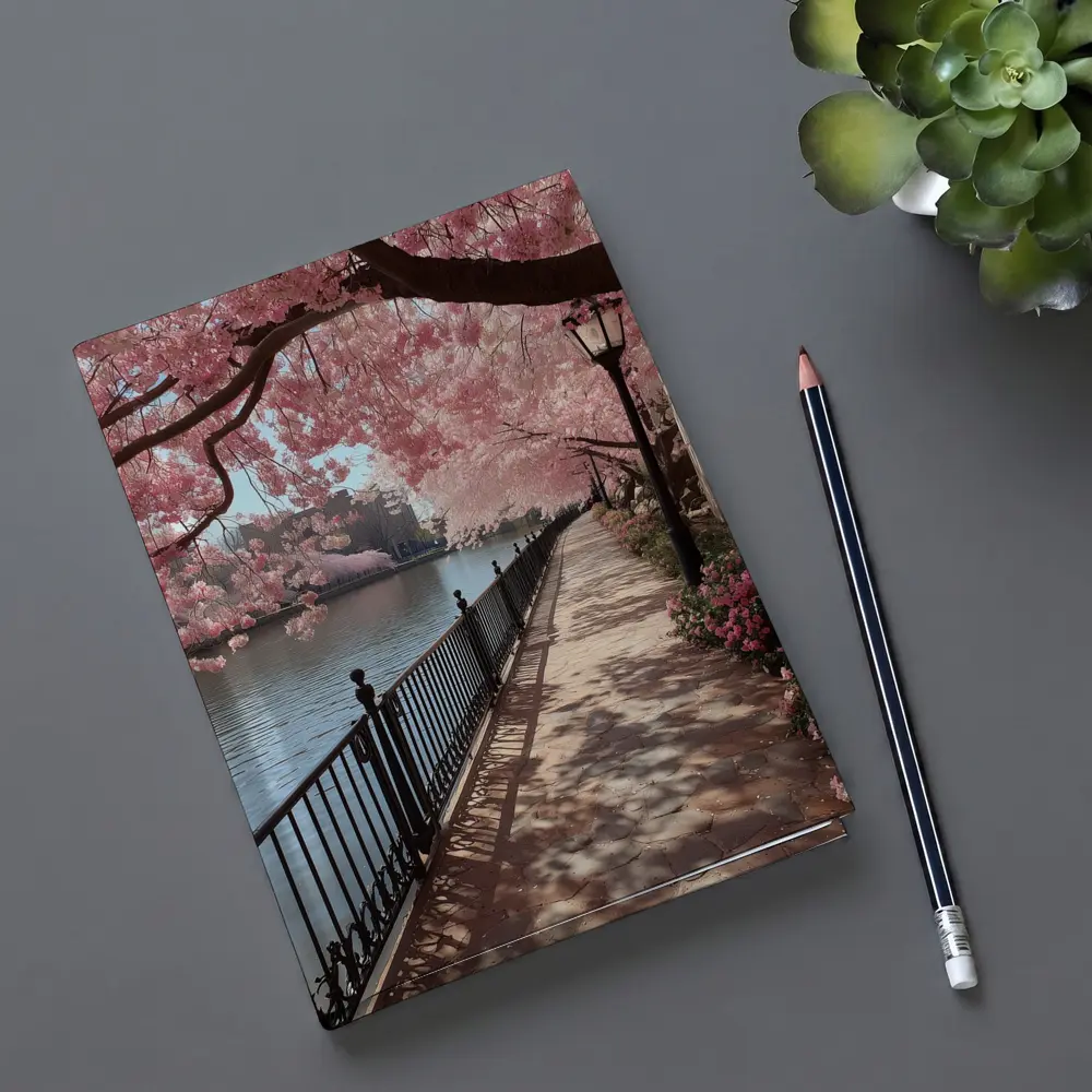 Cherry Blossom Waterfront Walkway Spring Scene – Notebooks