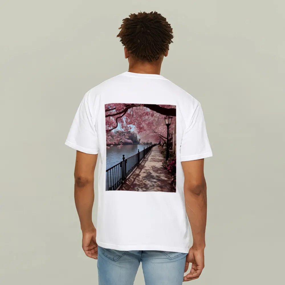 Cherry Blossom Waterfront Walkway Spring Scene – T-Shirts
