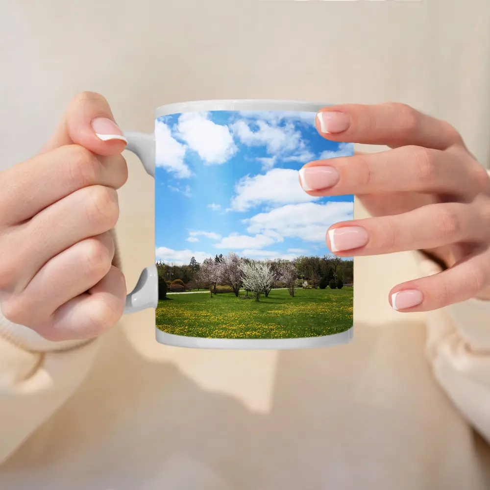 Spring Meadow Blooming Trees Blue Sky – Mugs