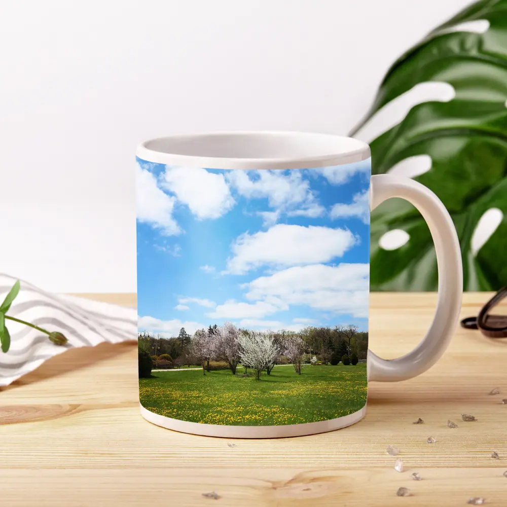 Spring Meadow Blooming Trees Blue Sky – Mugs