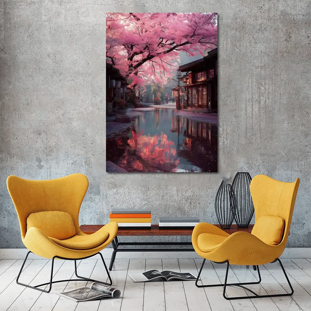 Cherry Blossoms Reflecting Rainy Japanese Street – Wall Art