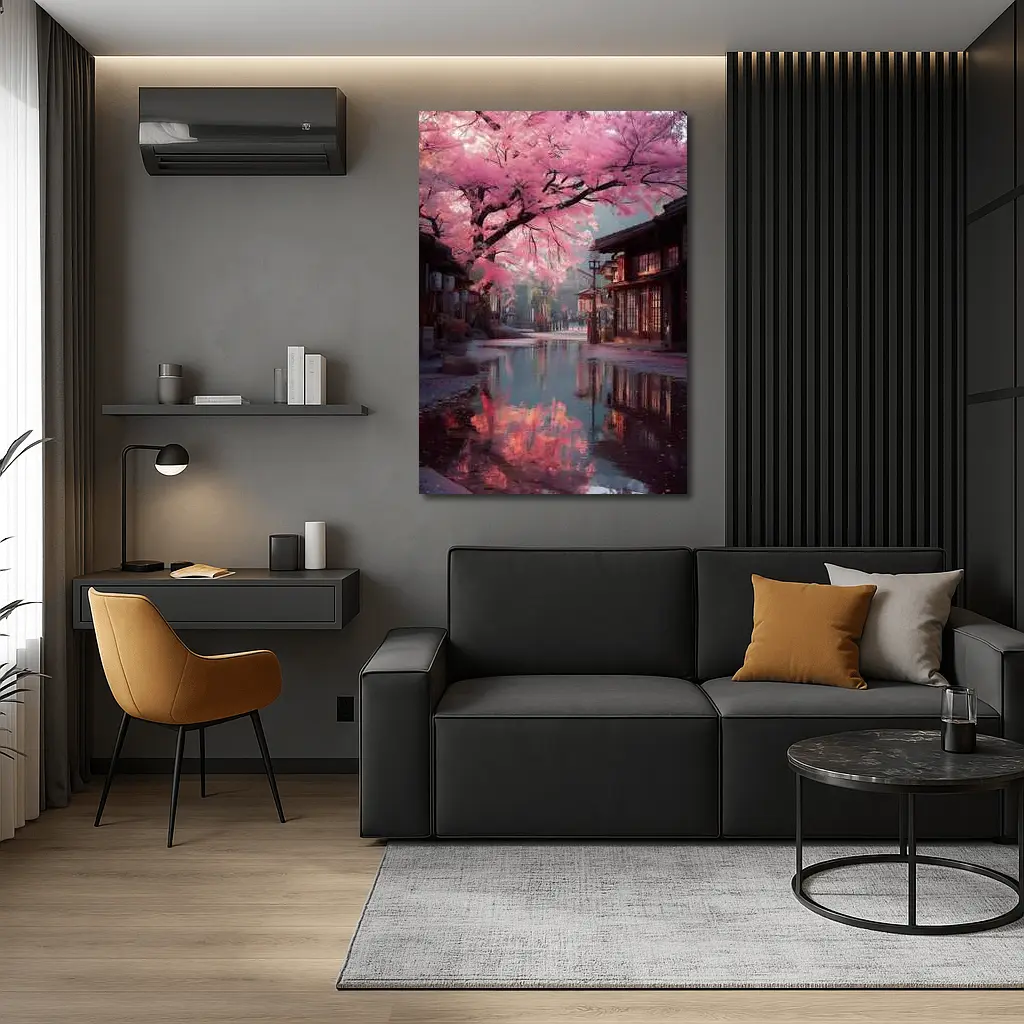 Cherry Blossoms Reflecting Rainy Japanese Street – Wall Art