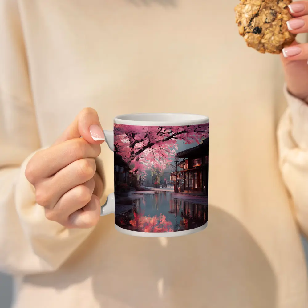 Cherry Blossoms Reflecting Rainy Japanese Street – Mugs