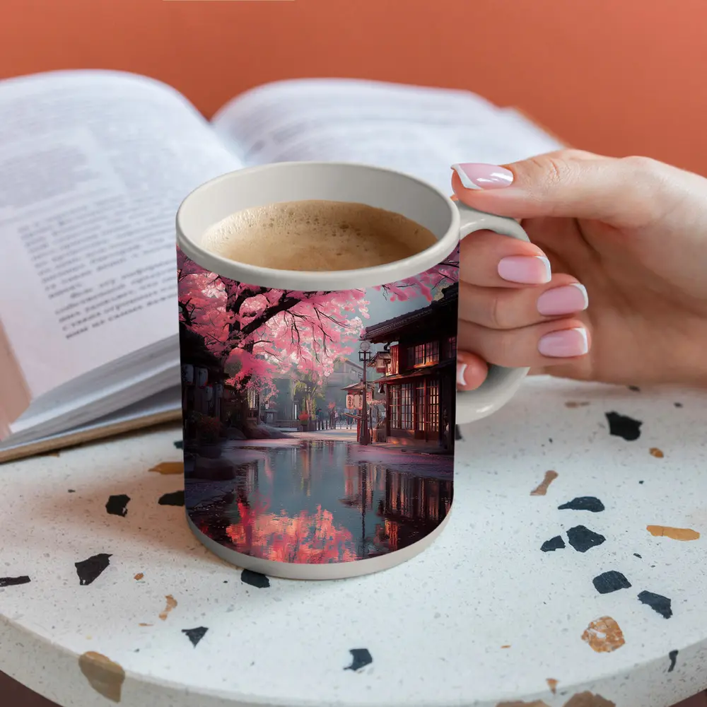 Cherry Blossoms Reflecting Rainy Japanese Street – Mugs