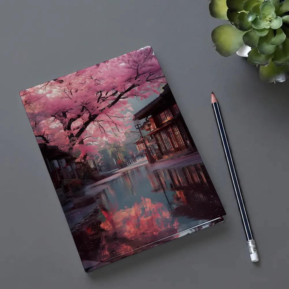 Cherry Blossoms Reflecting Rainy Japanese Street – Notebooks