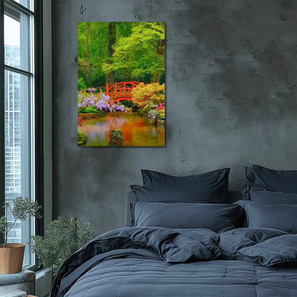 Red Bridge Japanese Garden Pond Flowers – Wall Art