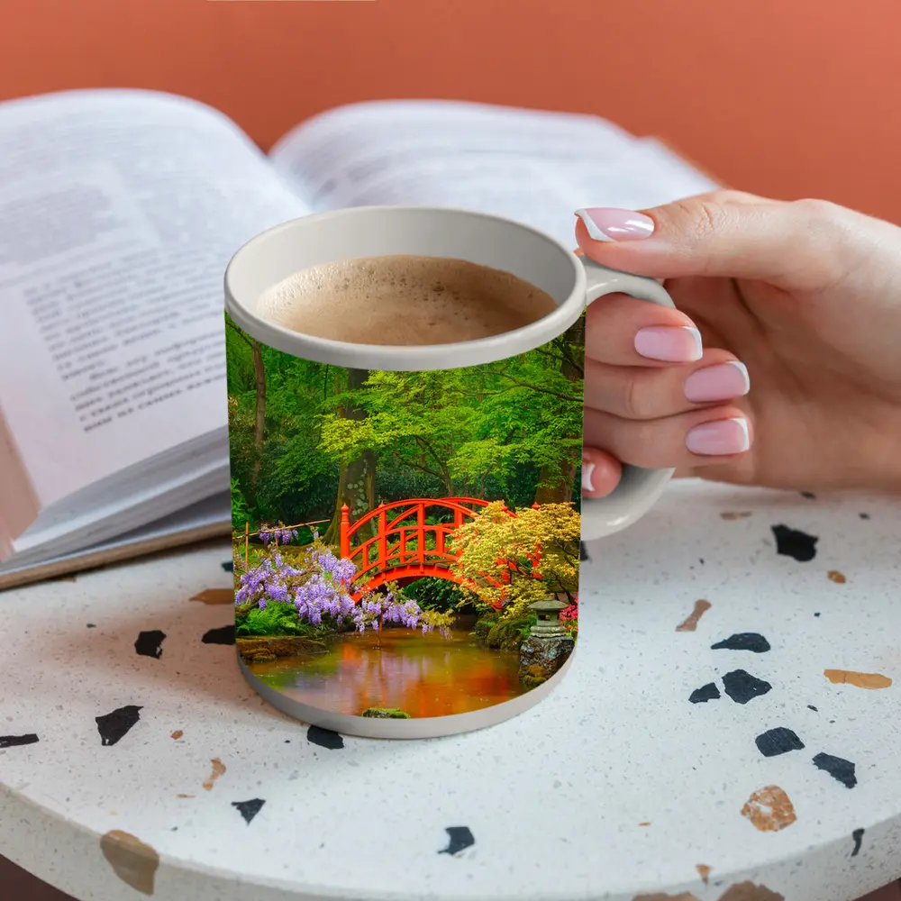 Red Bridge Japanese Garden Pond Flowers – Mugs