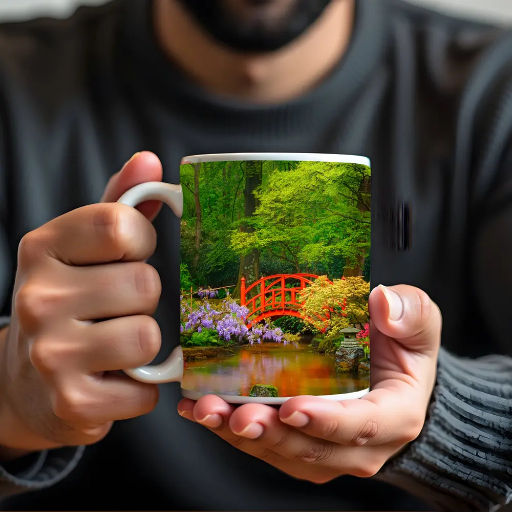 Red Bridge Japanese Garden Pond Flowers – Mugs