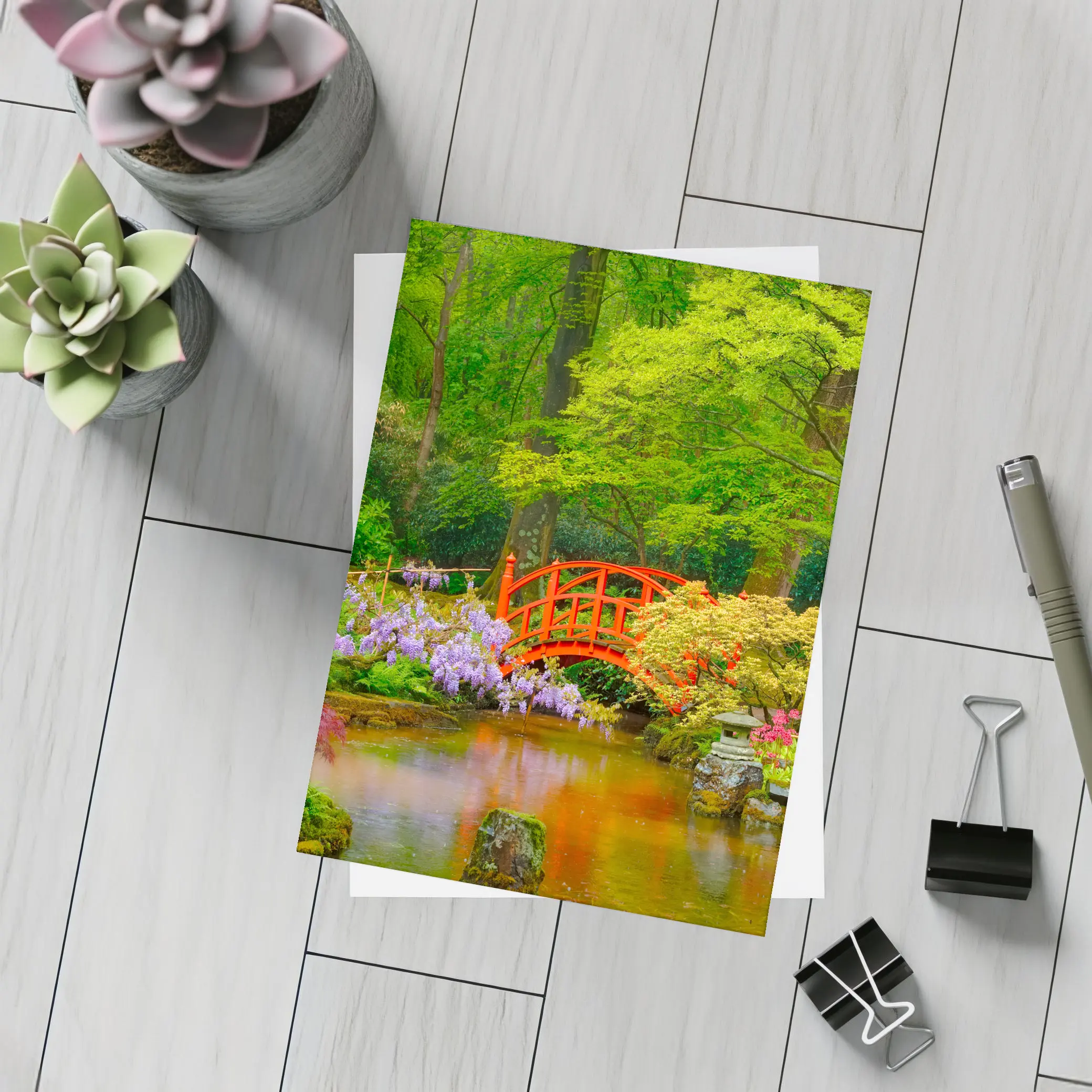 Red Bridge Japanese Garden Pond Flowers – Postcards