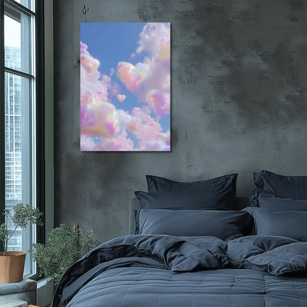 Pastel Rainbow Heart Clouds Blue Sky – Wall Art