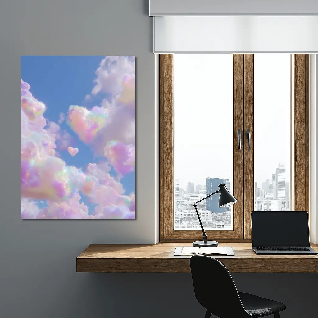 Pastel Rainbow Heart Clouds Blue Sky – Wall Art