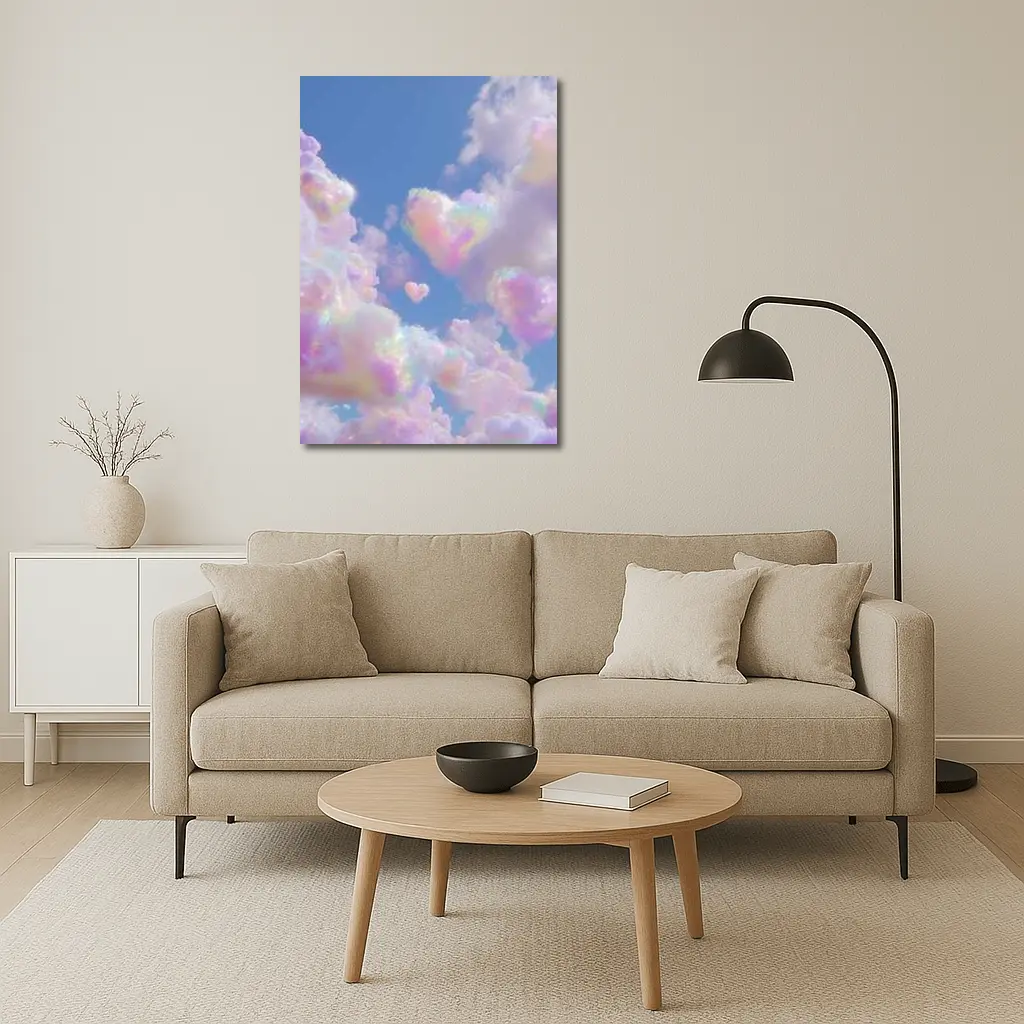 Pastel Rainbow Heart Clouds Blue Sky – Wall Art