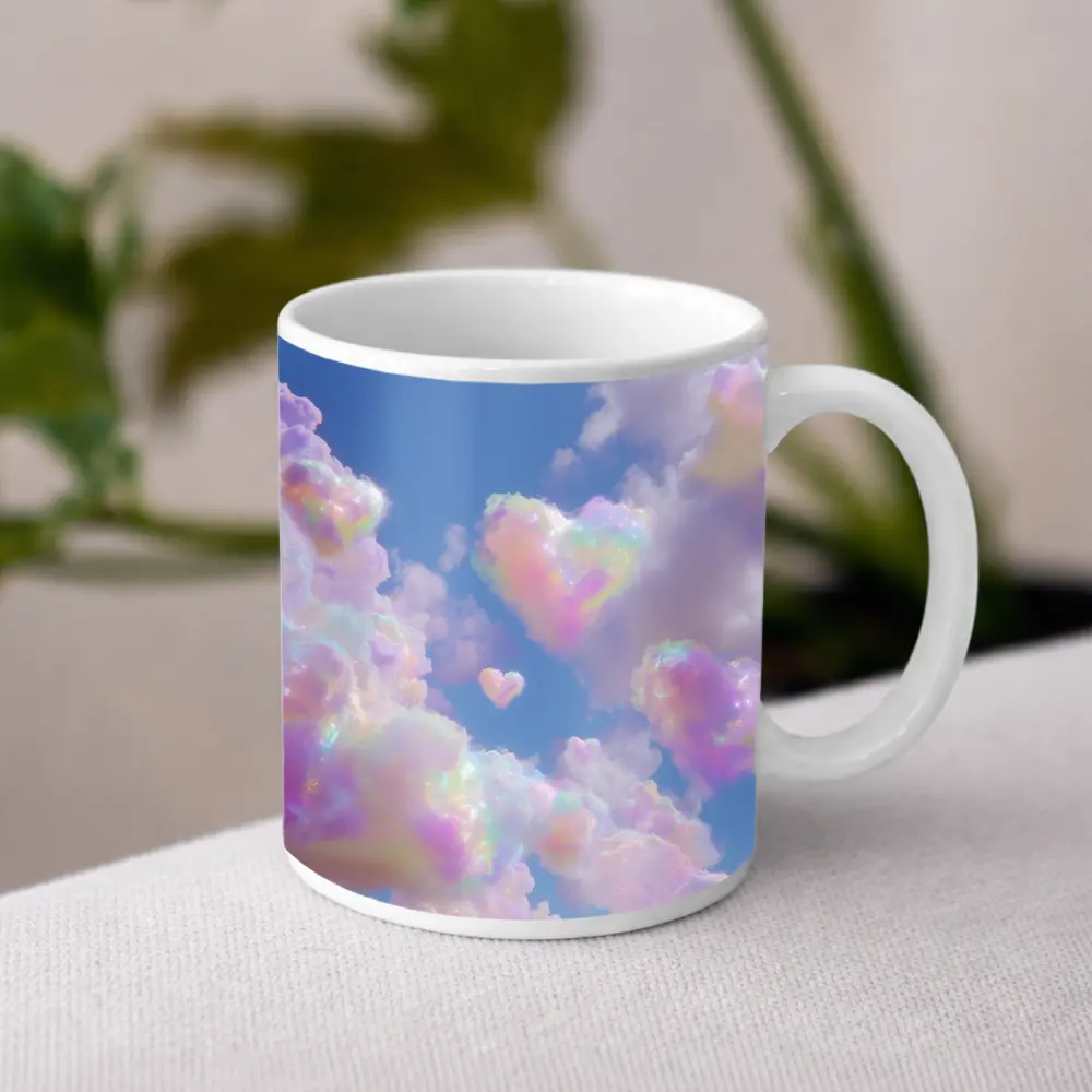 Pastel Rainbow Heart Clouds Blue Sky – Mugs