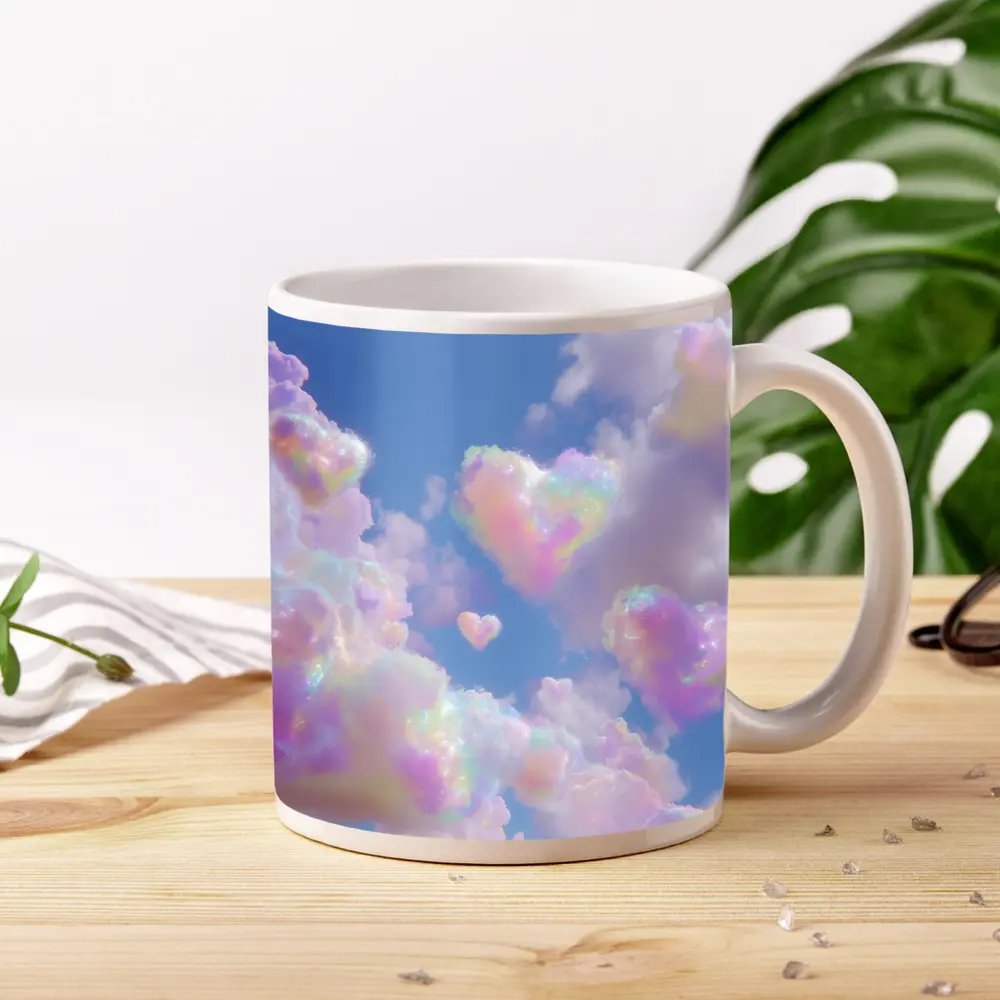 Pastel Rainbow Heart Clouds Blue Sky – Mugs