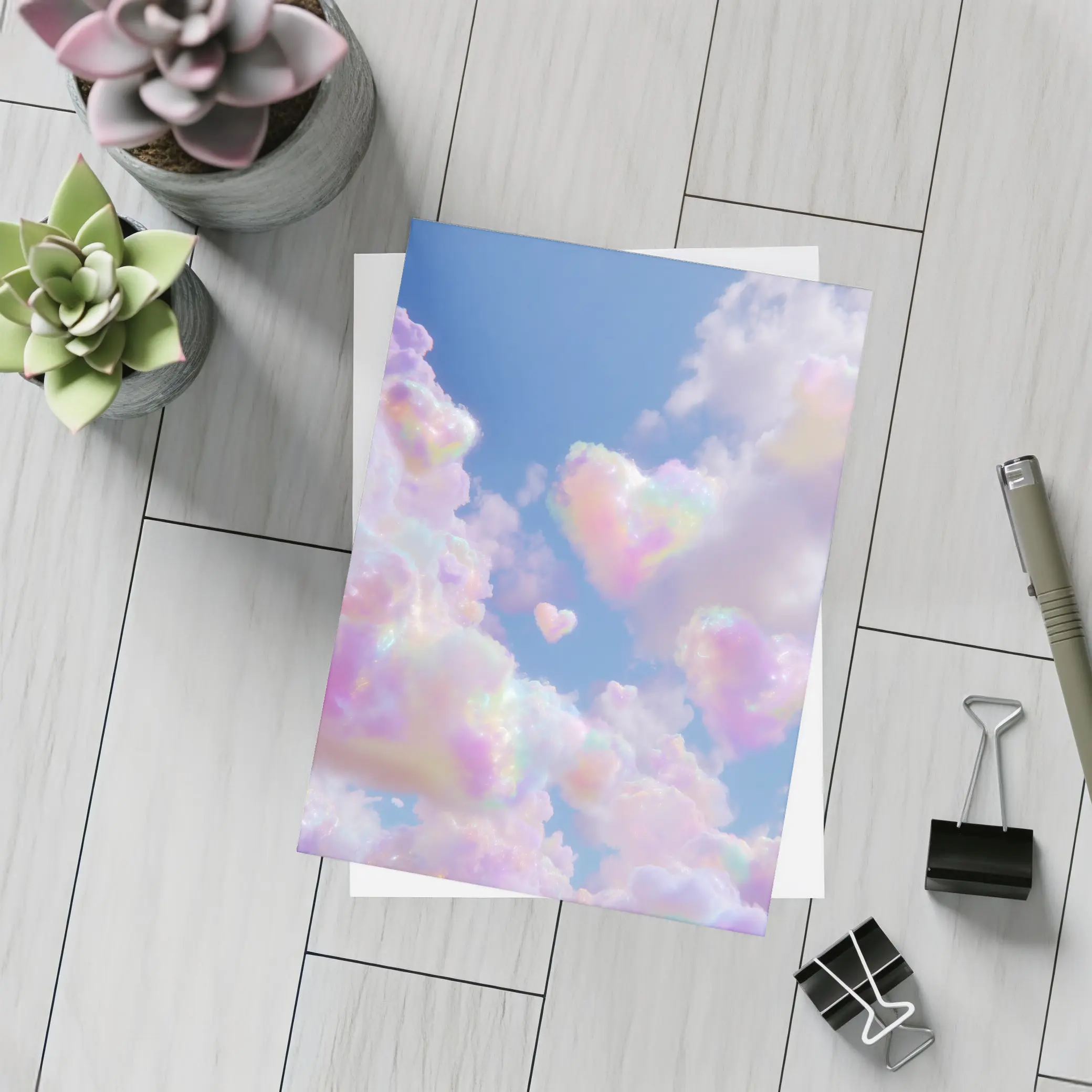 Pastel Rainbow Heart Clouds Blue Sky – Postcards