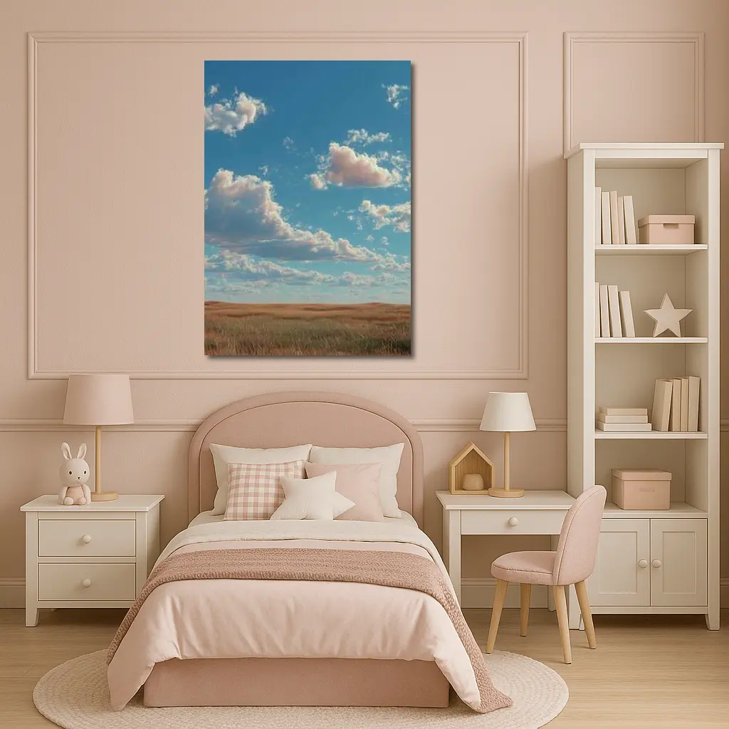 Golden Prairie Field Under Blue Cloudy Sky – Wall Art