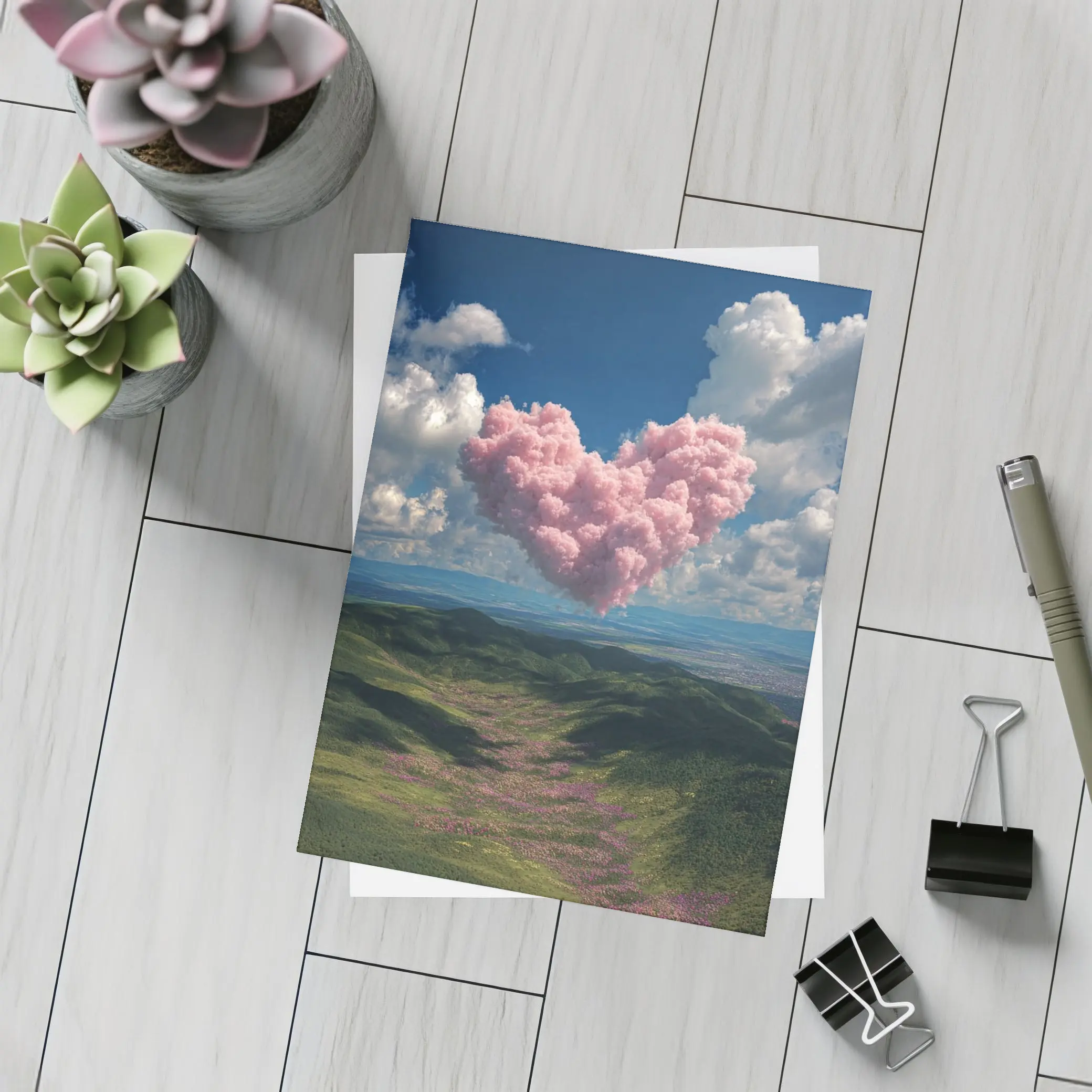 Pink Heart Cloud Over Green Hills – Postcards
