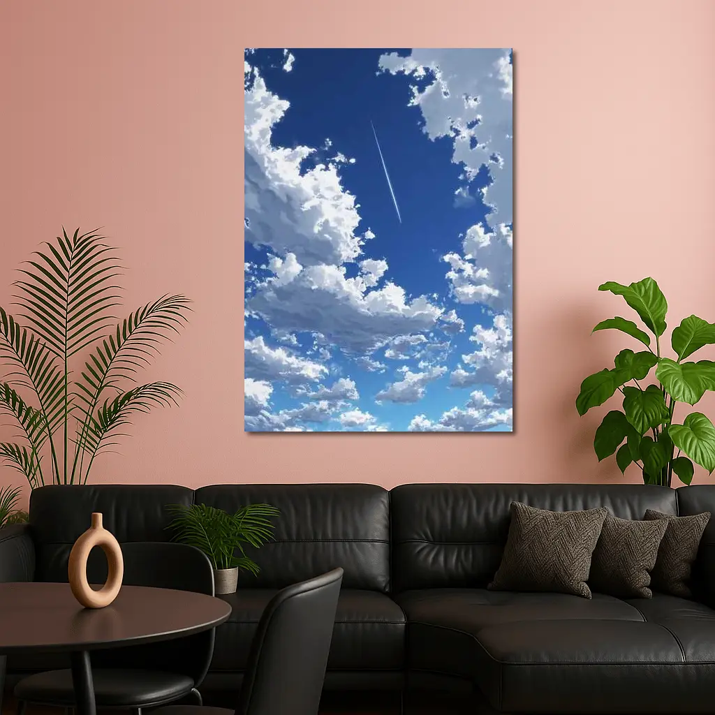 Anime Blue Sky Clouds Airplane Trail Art – Wall Art