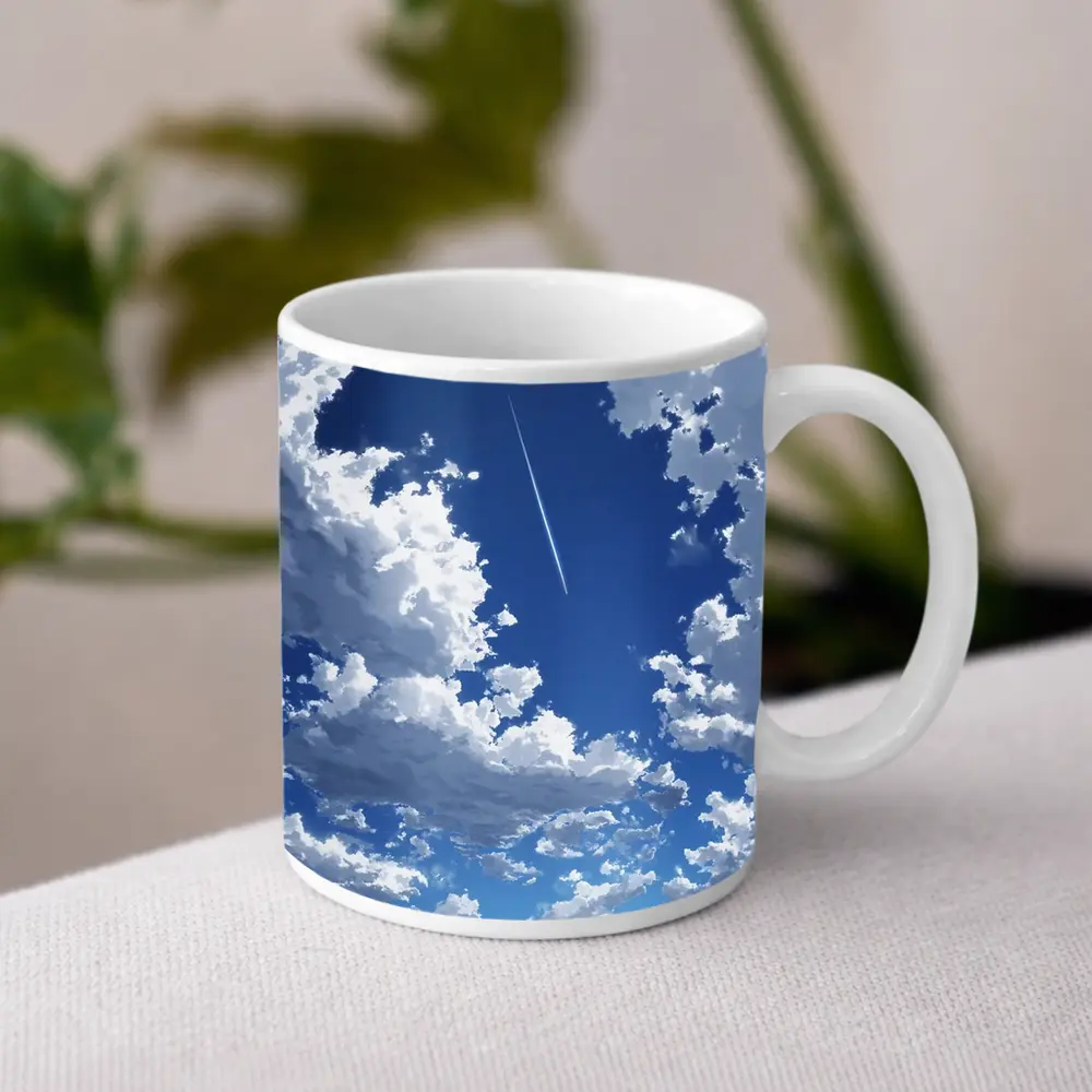 Anime Blue Sky Clouds Airplane Trail Art – Mugs