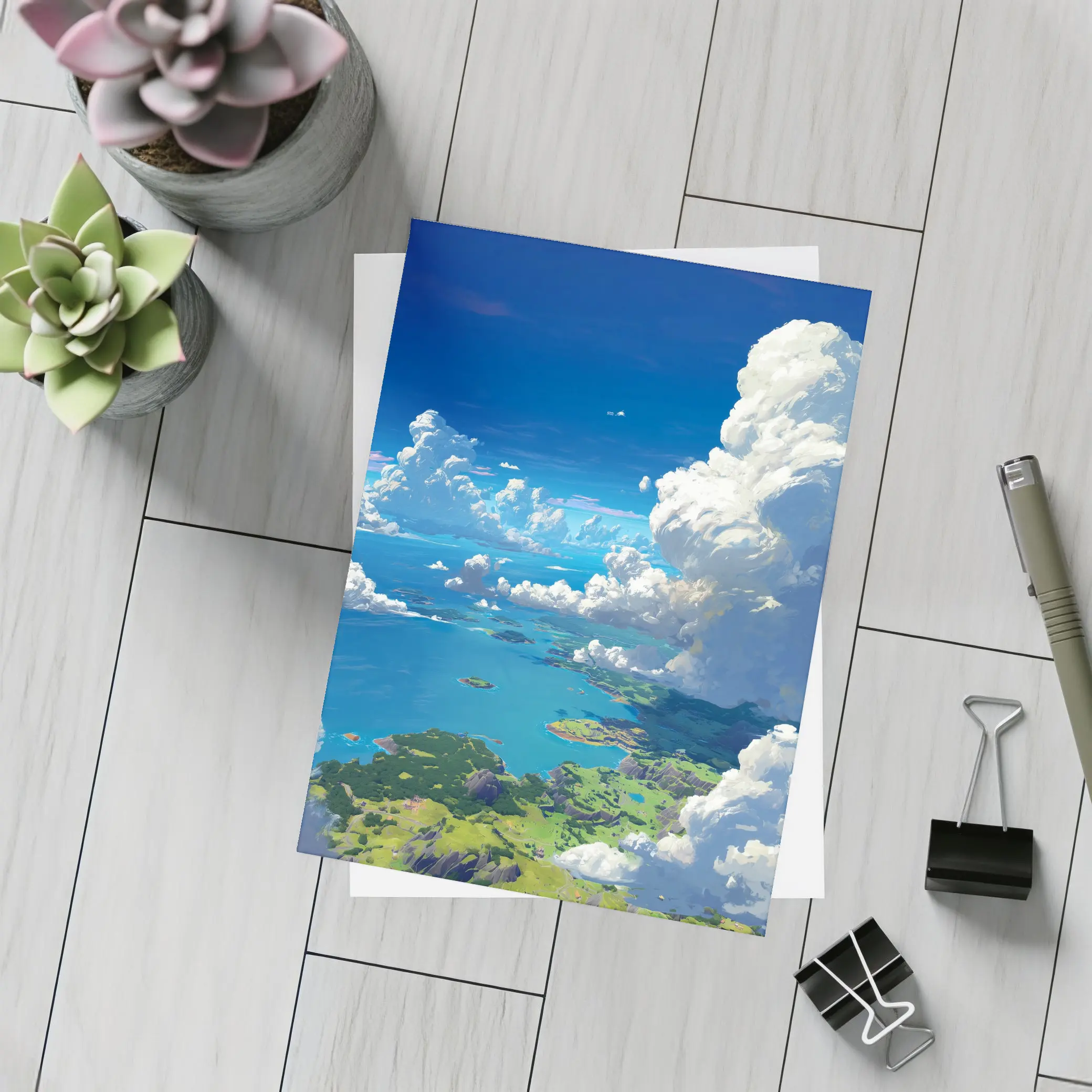 Anime Aerial View Islands Blue Sky Clouds – Postcards