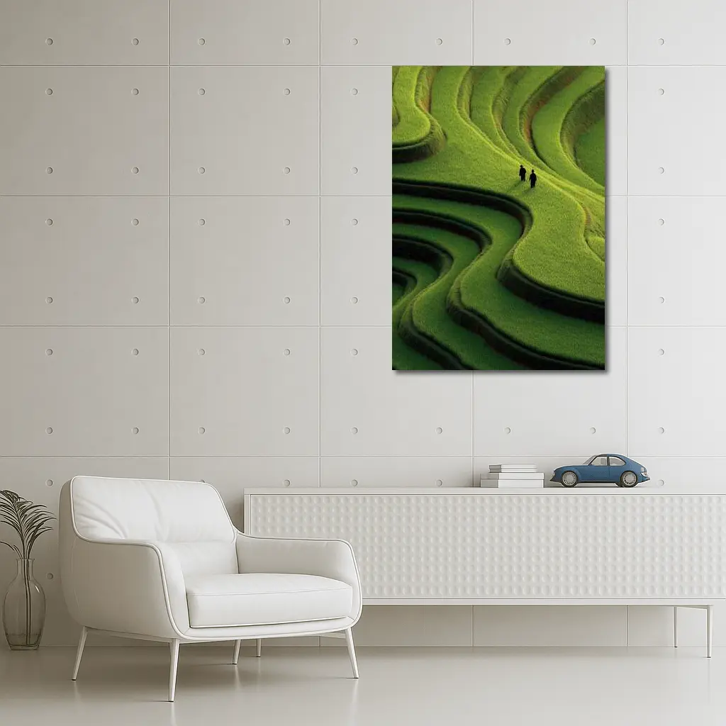 Two Figures Walking Green Rice Field Terraces – Wall Art