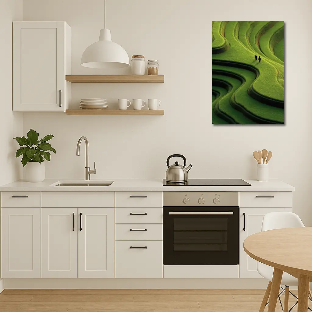 Two Figures Walking Green Rice Field Terraces – Wall Art