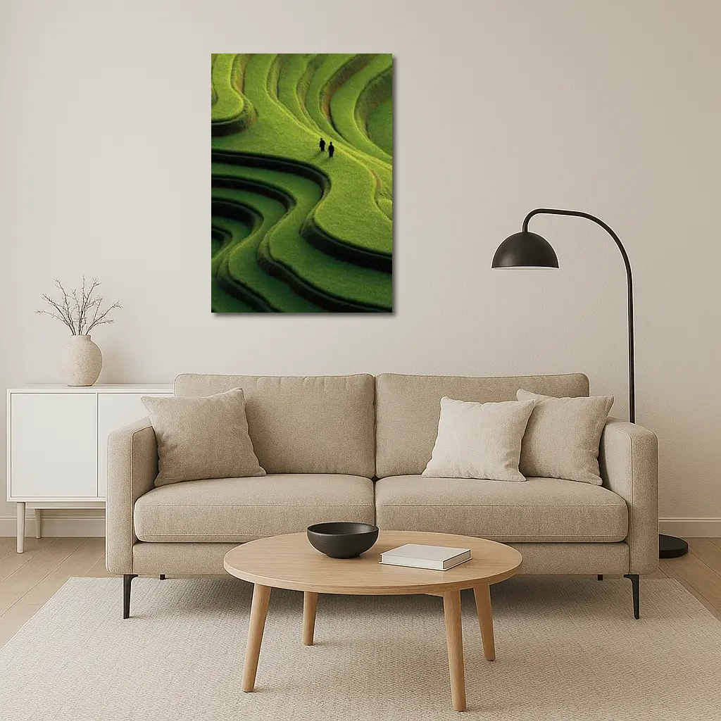 Two Figures Walking Green Rice Field Terraces – Wall Art