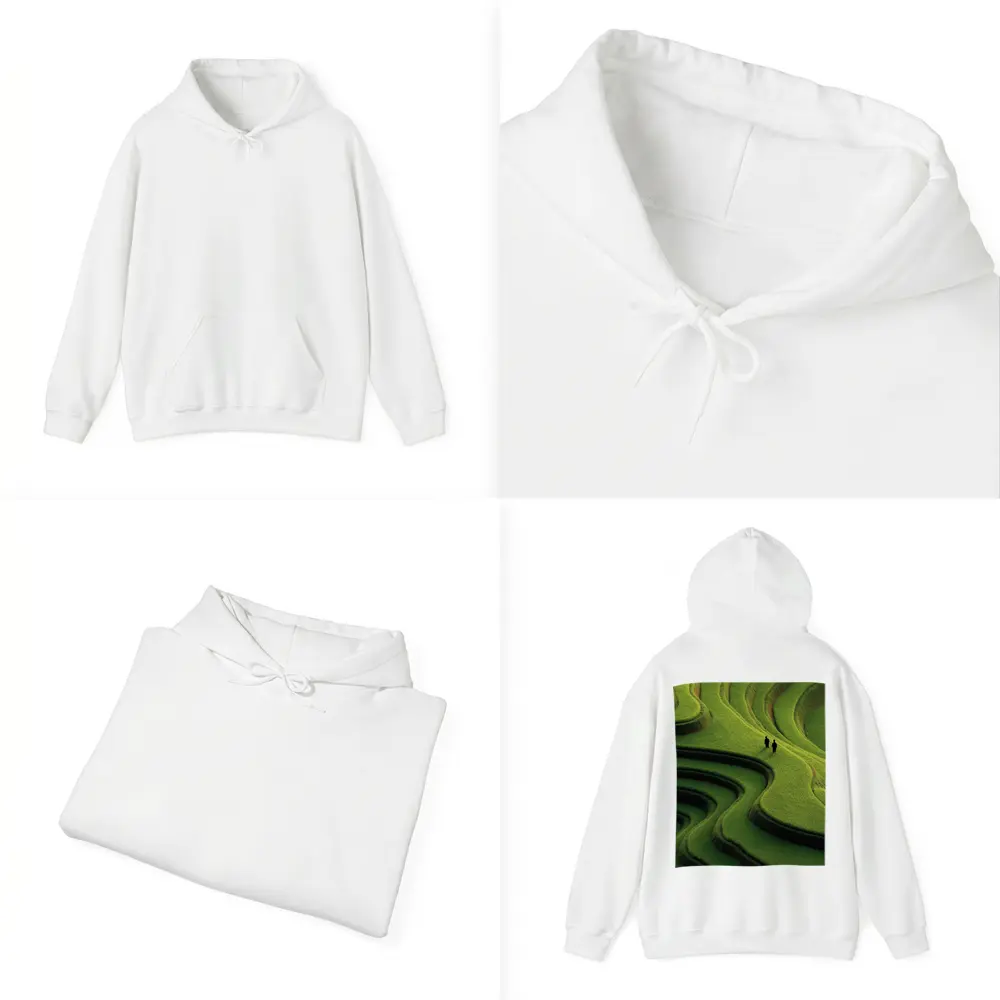 Two Figures Walking Green Rice Field Terraces – Hoodies
