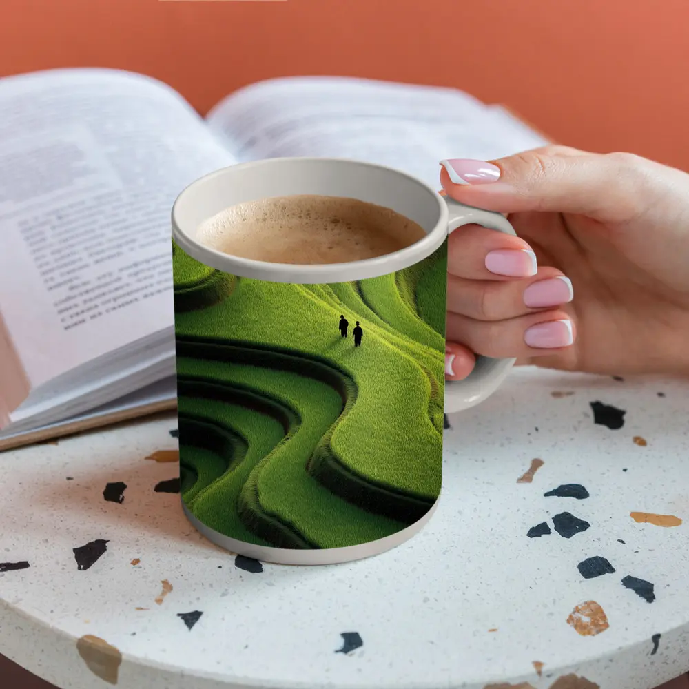 Two Figures Walking Green Rice Field Terraces – Mugs