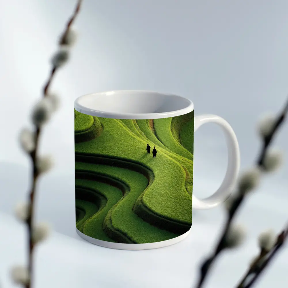 Two Figures Walking Green Rice Field Terraces – Mugs