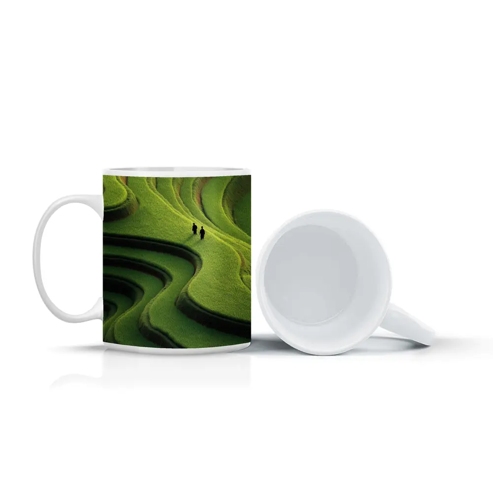 Two Figures Walking Green Rice Field Terraces – Mugs