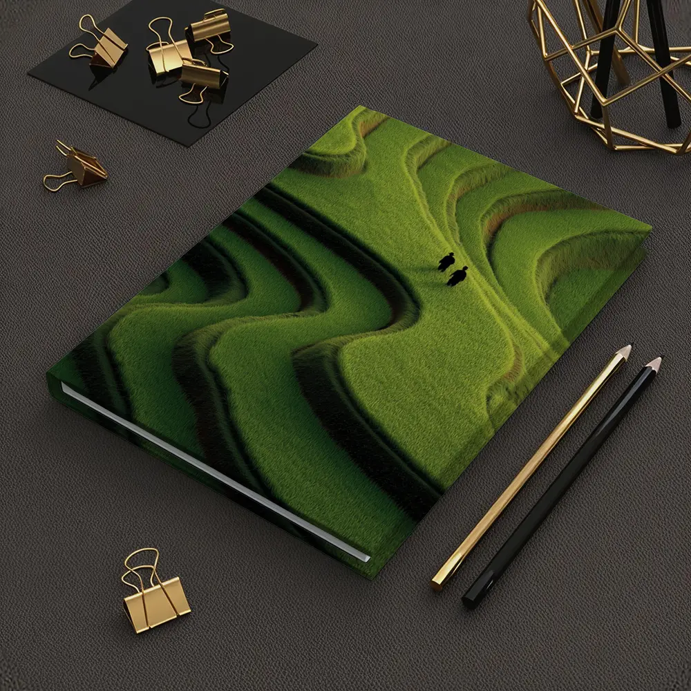 Two Figures Walking Green Rice Field Terraces – Notebooks