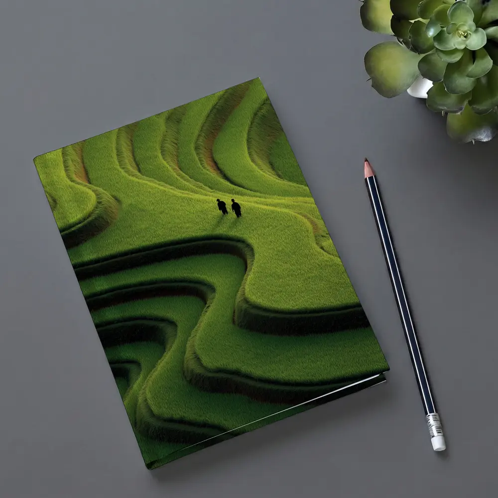 Two Figures Walking Green Rice Field Terraces – Notebooks