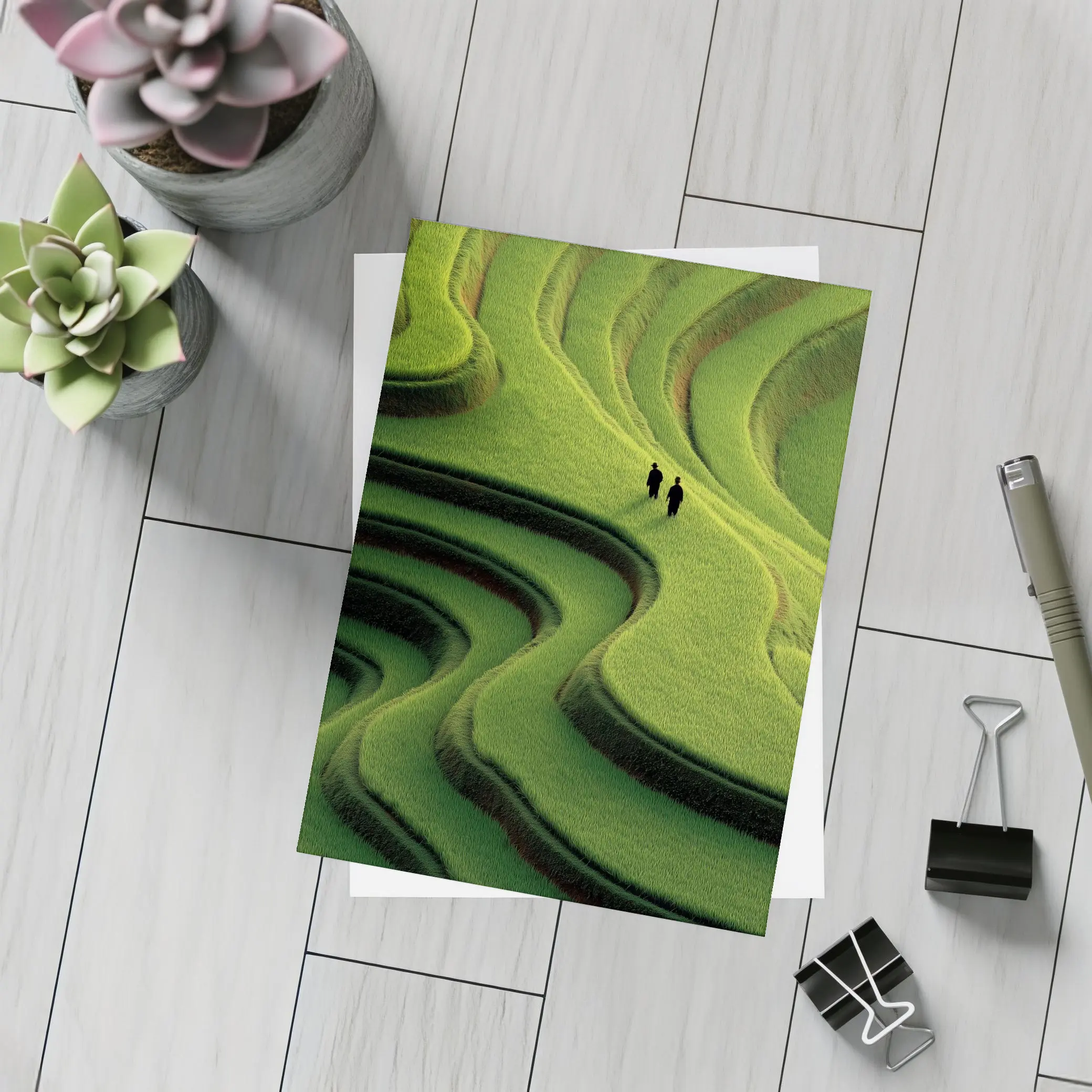 Two Figures Walking Green Rice Field Terraces – Postcards